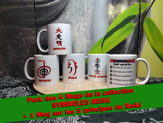 Pack des 4 Mugs de la collection SYMBOLES REIKI + 1 Mug sur les 5 Principes du Reiki