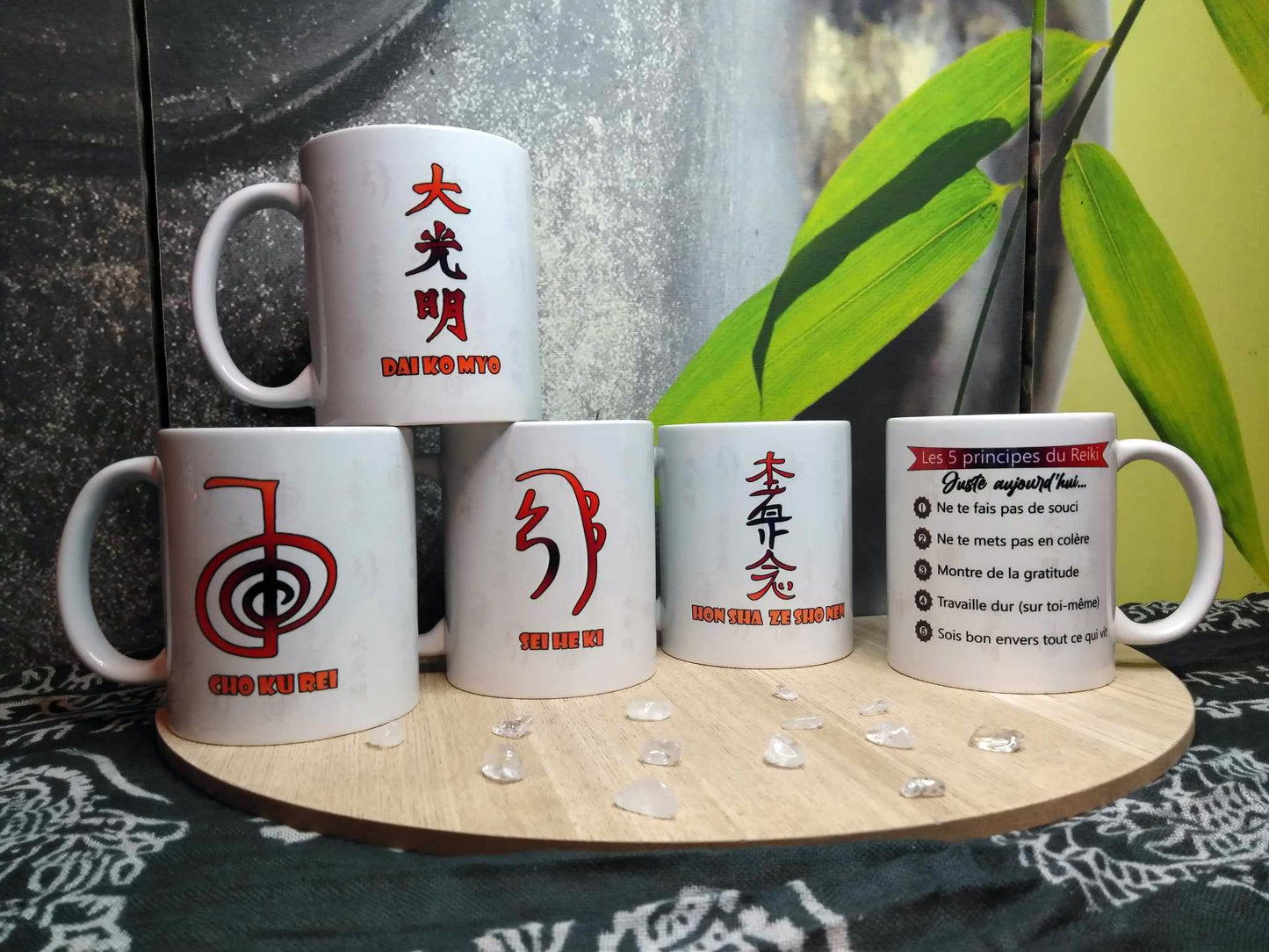 Pack des 4 Mugs de la collection SYMBOLES REIKI + 1 Mug sur les 5 Principes du Reiki