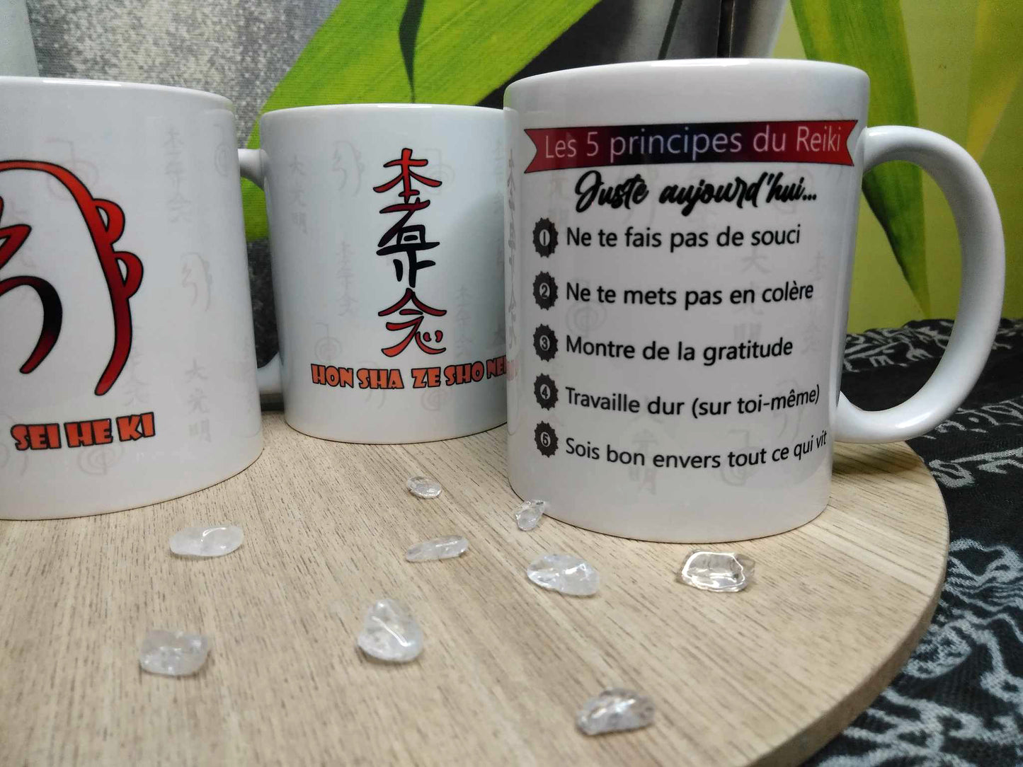 Pack des 4 Mugs de la collection SYMBOLES REIKI + 1 Mug sur les 5 Principes du Reiki